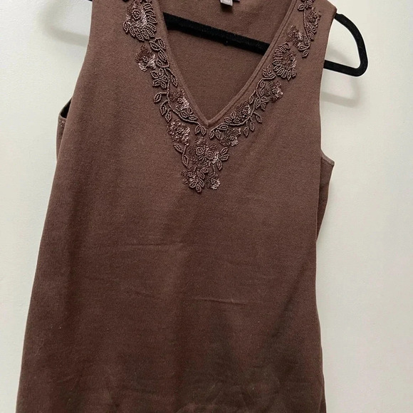 Ann Taylor brown beaded v-neck sweater silk-blend sleeveless top medium - Picture 11 of 17